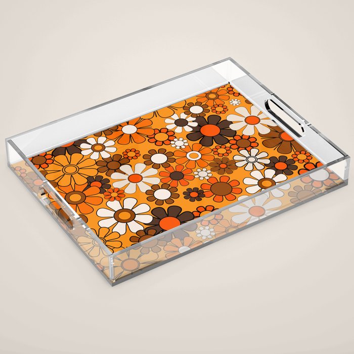 Groovy 70s Retro Garden Floral Orange and Brown Pattern Acrylic Tray Gallery Image 1