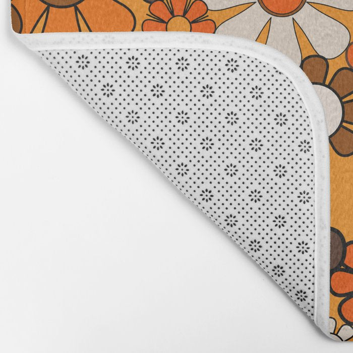 Groovy 70s Retro Garden Floral Orange and Brown Pattern Bath Mat Gallery Image 2
