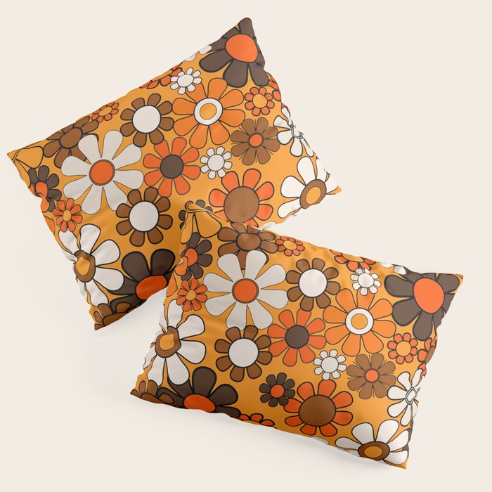 Groovy 70s Retro Garden Floral Orange and Brown Pattern Pillow Sham Gallery Image 3