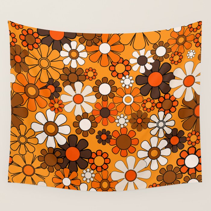 Groovy 70s Retro Garden Floral Orange and Brown Pattern Wall Tapestry Gallery Image 1