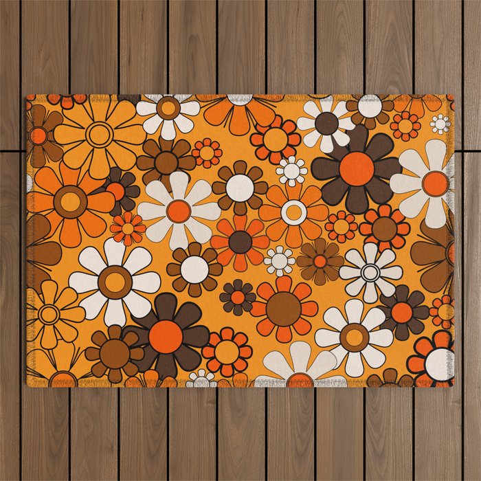 Groovy 70s Retro Garden Floral Orange and Brown Pattern Outdoor Rug Gallery Image 1