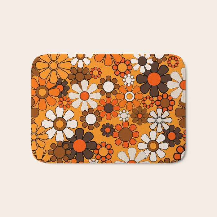 Groovy 70s Retro Garden Floral Orange and Brown Pattern Bath Mat Gallery Image 1