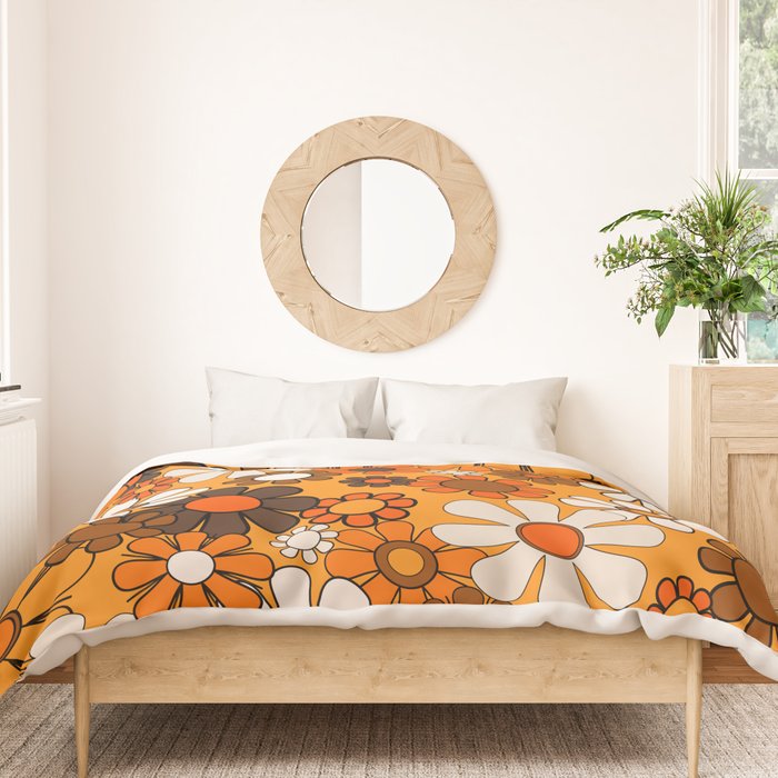 Groovy 70s Retro Garden Floral Orange and Brown Pattern Duvet Cover Gallery Image 3