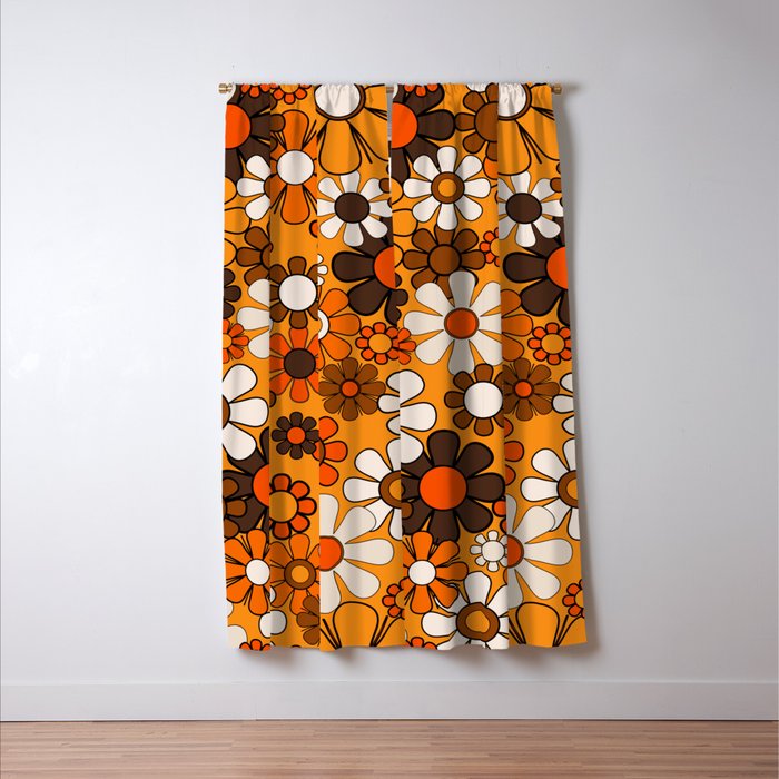 Groovy 70s Retro Garden Floral Orange and Brown Pattern Window Curtain Gallery Image 3