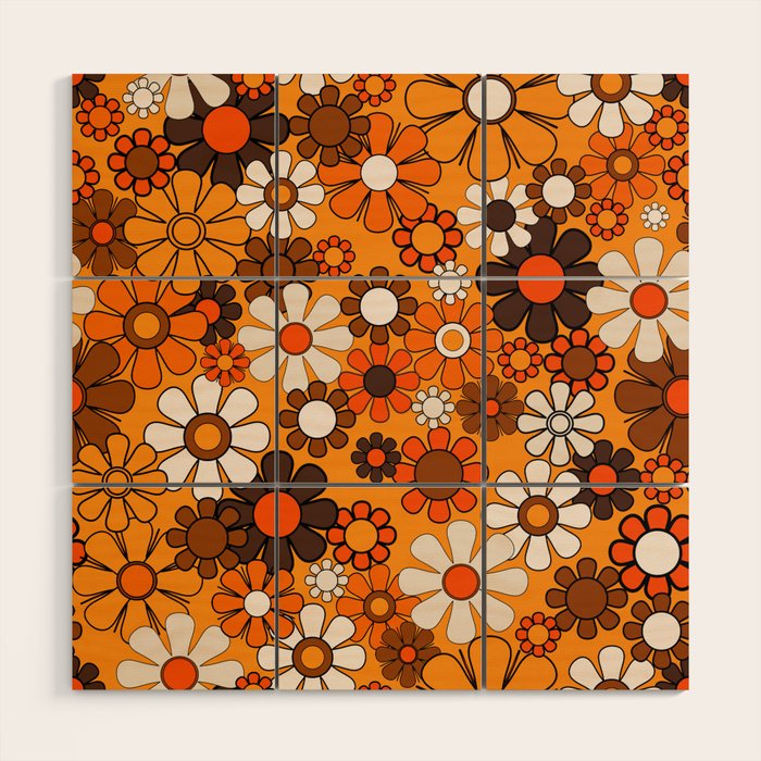Groovy 70s Retro Garden Floral Orange and Brown Pattern Wood Wall Art Gallery Image 1