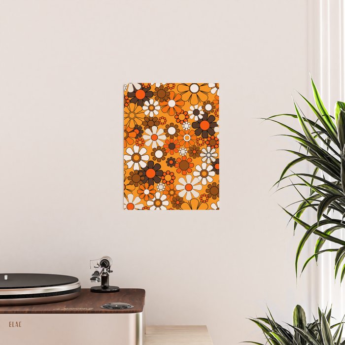 Groovy 70s Retro Garden Floral Orange and Brown Pattern Poster Gallery Image 2