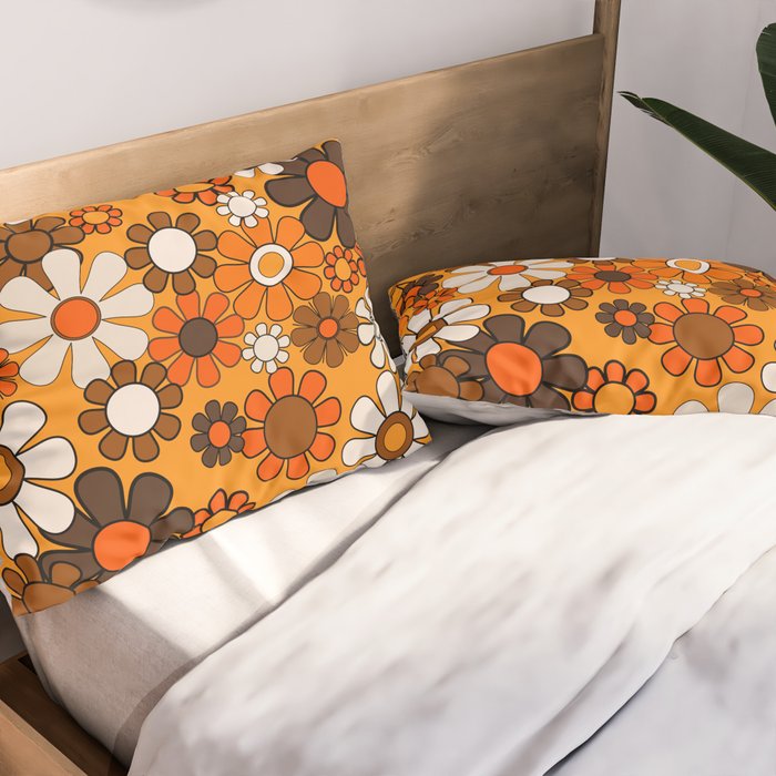 Groovy 70s Retro Garden Floral Orange and Brown Pattern Pillow Sham Gallery Image 2