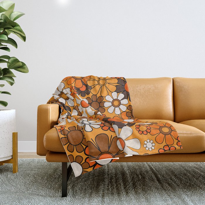 Groovy 70s Retro Garden Floral Orange and Brown Pattern Throw Blanket Gallery Image 1