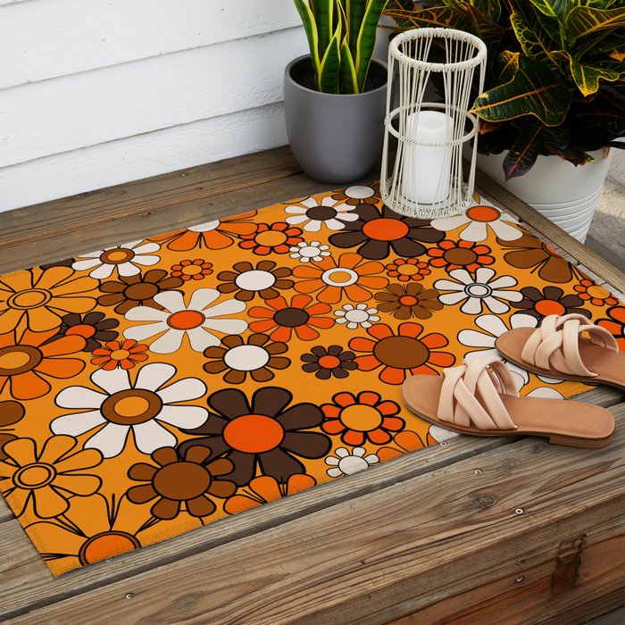 Groovy 70s Retro Garden Floral Orange and Brown Pattern Outdoor Rug Gallery Image 2