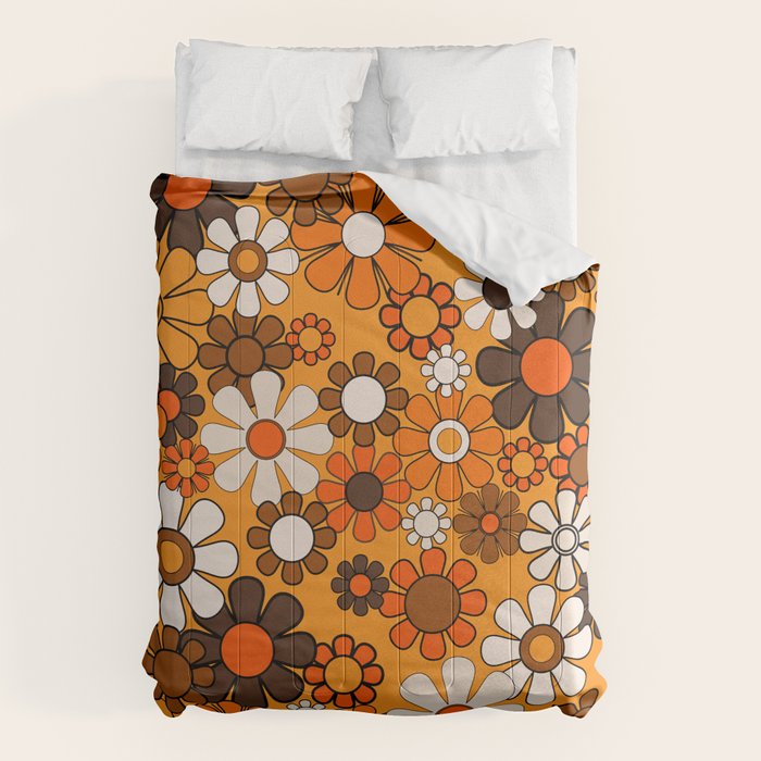 Groovy 70s Retro Garden Floral Orange and Brown Pattern Comforter Gallery Image 6