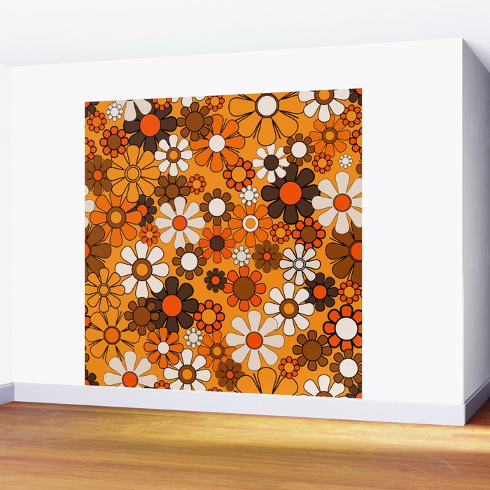 Groovy 70s Retro Garden Floral Orange and Brown Pattern Wall Mural Gallery Image 2