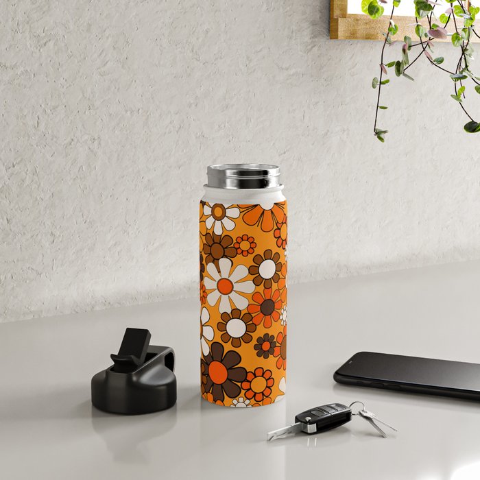Groovy 70s Retro Garden Floral Orange and Brown Pattern Water Bottle Gallery Image 4
