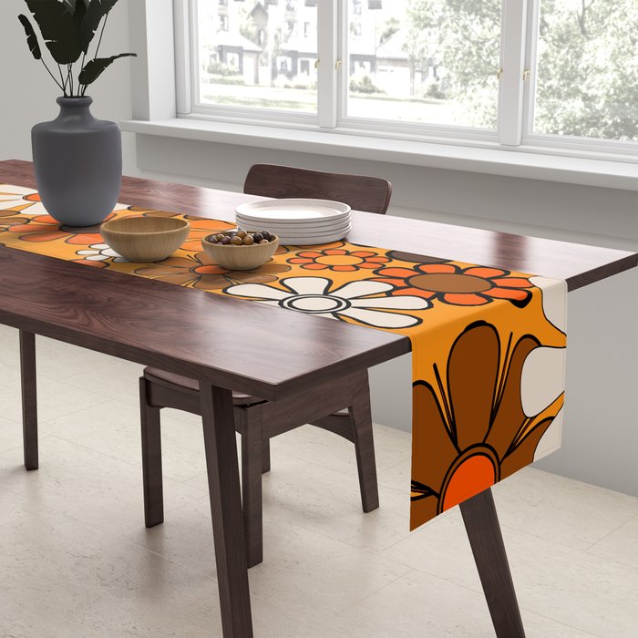 Groovy 70s Retro Garden Floral Orange and Brown Pattern Table Runner Gallery Image 2