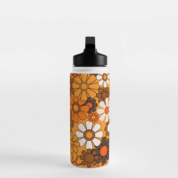 Groovy 70s Retro Garden Floral Orange and Brown Pattern Water Bottle Gallery Image 3