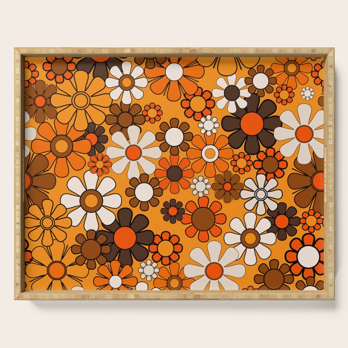 Groovy 70s Retro Garden Floral Orange and Brown Pattern Serving Tray Gallery Image 1