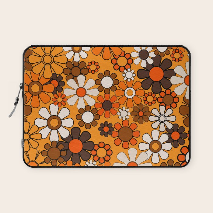 Groovy 70s Retro Garden Floral Orange and Brown Pattern Laptop Sleeve Gallery Image 1