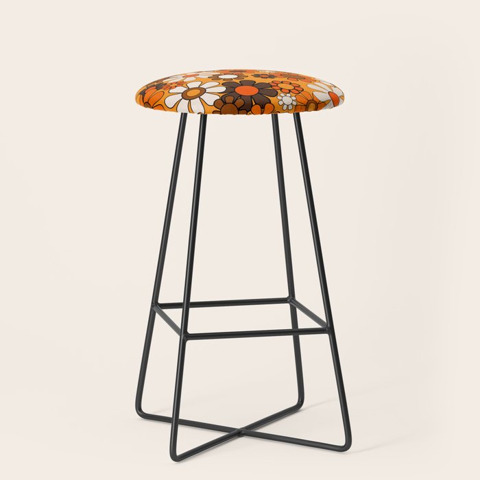 Groovy 70s Retro Garden Floral Orange and Brown Pattern Stool Gallery Image 1