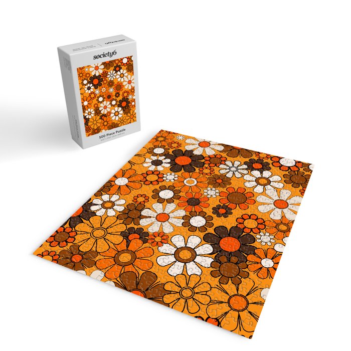 Groovy 70s Retro Garden Floral Orange and Brown Pattern Jigsaw Puzzle Gallery Image 2