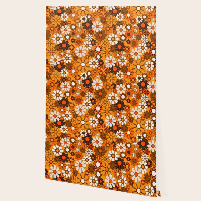 Groovy 70s Retro Garden Floral Orange and Brown Pattern Wallpaper Gallery Image 2
