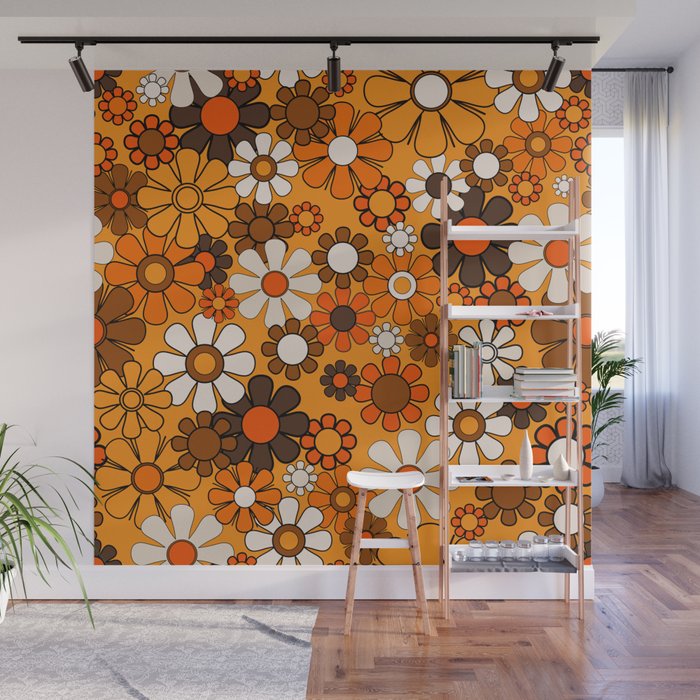 Groovy 70s Retro Garden Floral Orange and Brown Pattern Wall Mural Gallery Image 1