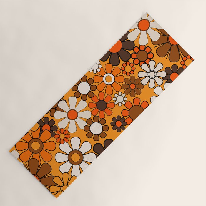 Groovy 70s Retro Garden Floral Orange and Brown Pattern Yoga Mat Gallery Image 1