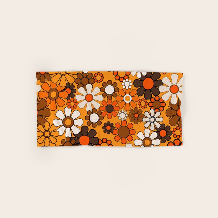 Groovy 70s Retro Garden Floral Orange and Brown Pattern Bath Towel Gallery Image 1