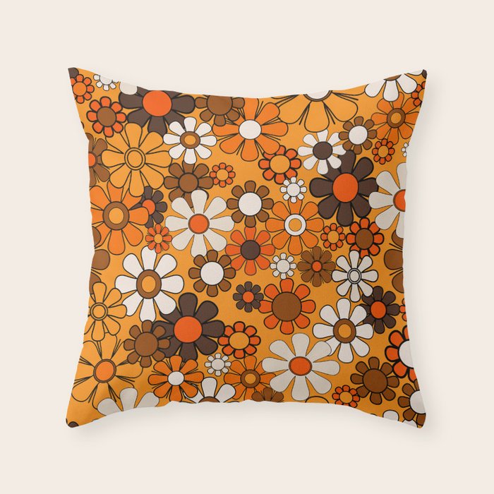 Groovy 70s Retro Garden Floral Orange and Brown Pattern Throw Pillow Gallery Image 6