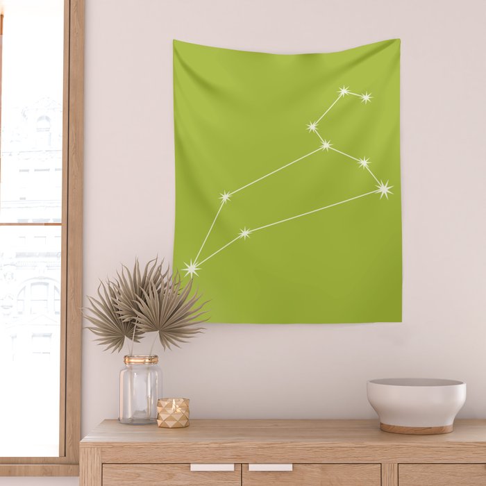 Leo Zodiac Star Constellation Line Art Chartreuse Green Wall Tapestry Gallery Image 2