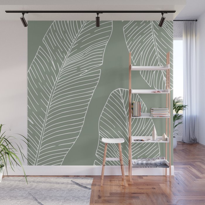 Line Drawing, Green, Palms Print, Boho Wall Art Wall Mural Gallery Image 1