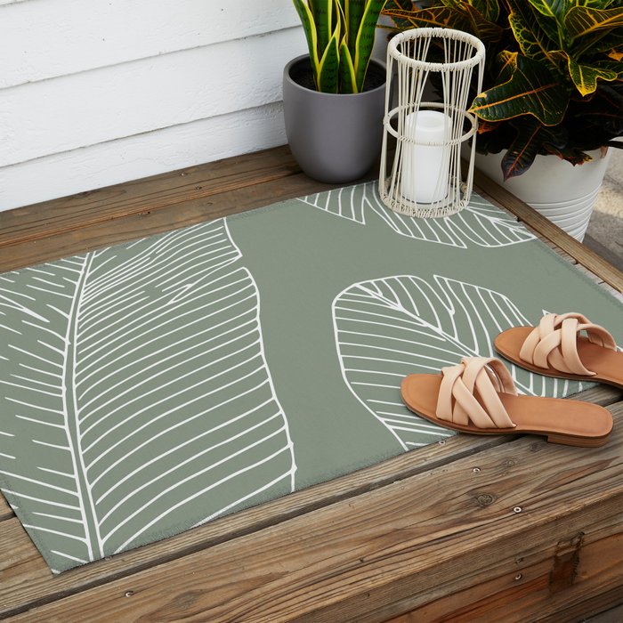 Line Drawing, Green, Palms Print, Boho Wall Art Outdoor Rug Gallery Image 2
