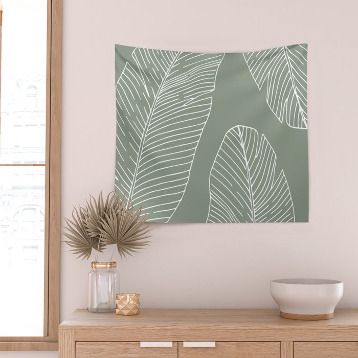 Line Drawing, Green, Palms Print, Boho Wall Art Wall Tapestry Gallery Image 2