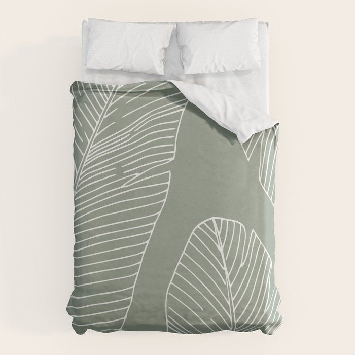 Line Drawing, Green, Palms Print, Boho Wall Art Duvet Cover Gallery Image 1