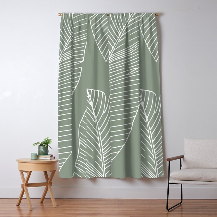 Line Drawing, Green, Palms Print, Boho Wall Art Window Curtain Gallery Image 1
