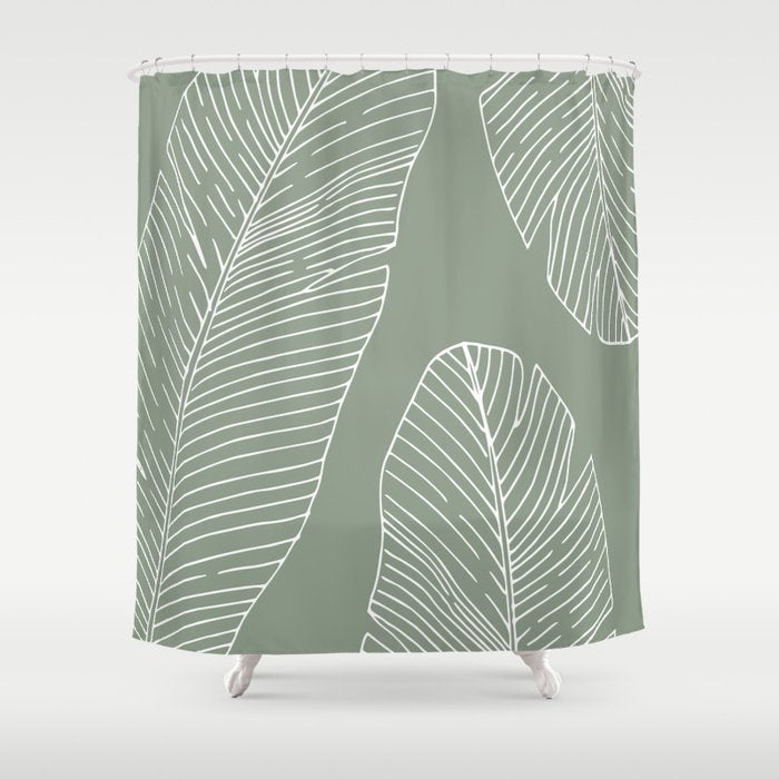 Line Drawing, Green, Palms Print, Boho Wall Art Shower Curtain Gallery Image 1