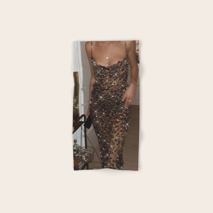 LEOPARD DRESS | fashion | glamour | glitter | sparkle | bling | woman | party | elegant | collage  Bath Towel Gallery Image 1