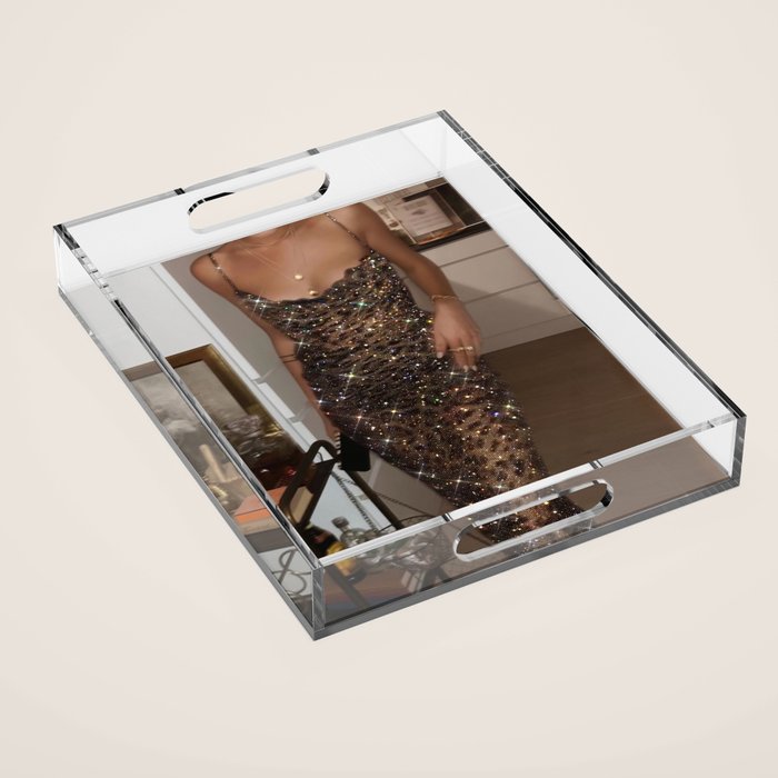 LEOPARD DRESS | fashion | glamour | glitter | sparkle | bling | woman | party | elegant | collage  Acrylic Tray Gallery Image 1
