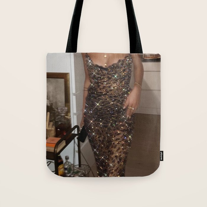 LEOPARD DRESS | fashion | glamour | glitter | sparkle | bling | woman | party | elegant | collage  Tote Bag Gallery Image 1
