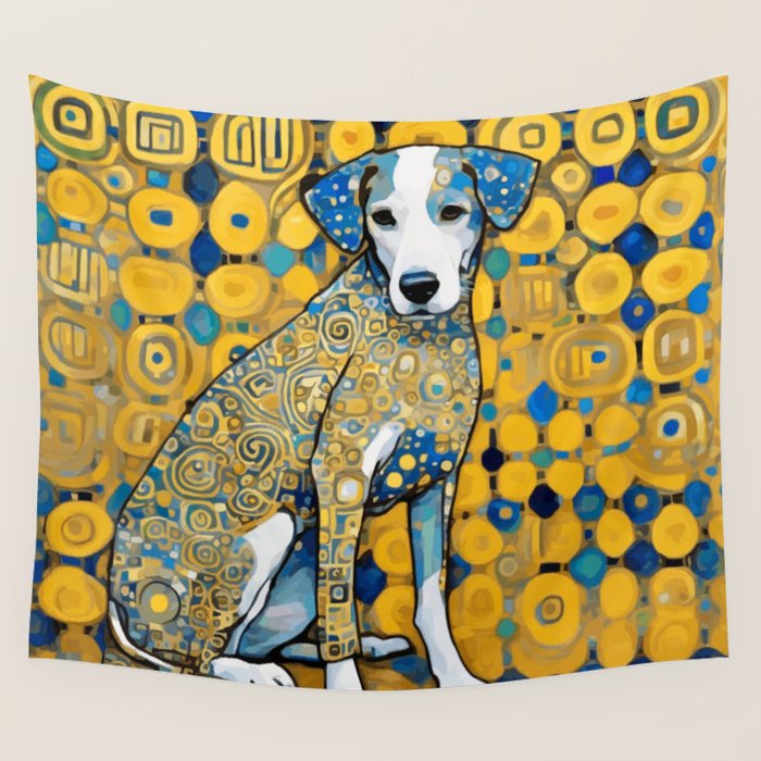 Beautiful Klimt Dog with Blue Ears Wall Tapestry Gallery Image 1