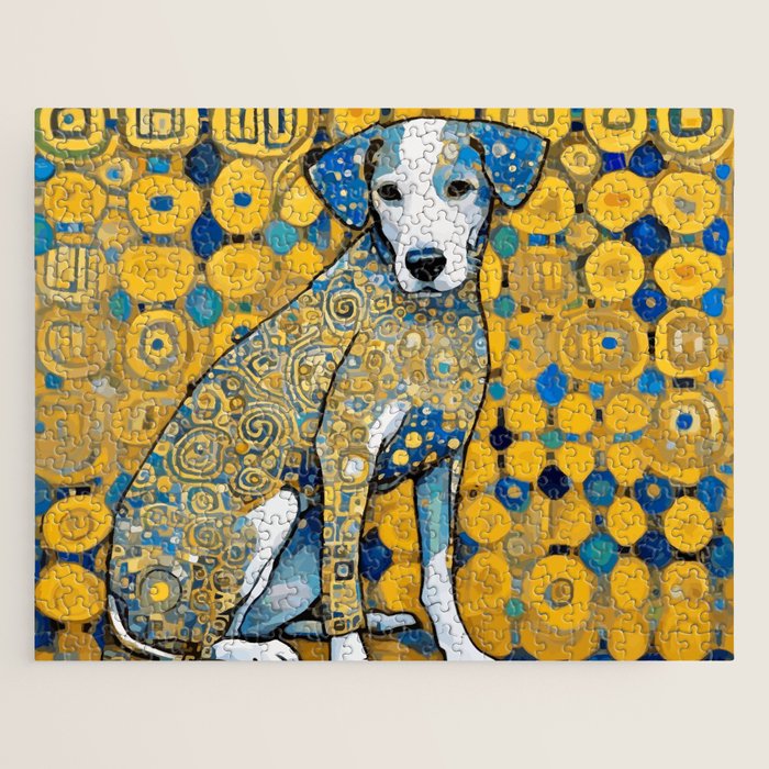 Beautiful Klimt Dog with Blue Ears Jigsaw Puzzle Gallery Image 1