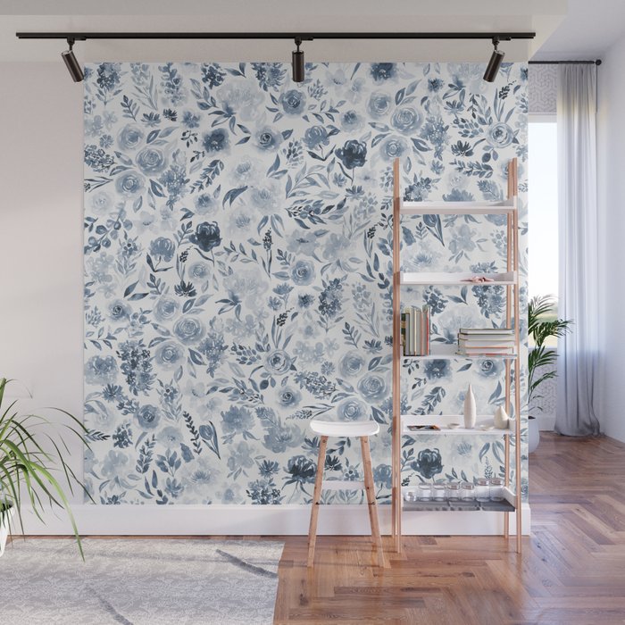 Watercolor florals in blue Wall Mural Gallery Image 1