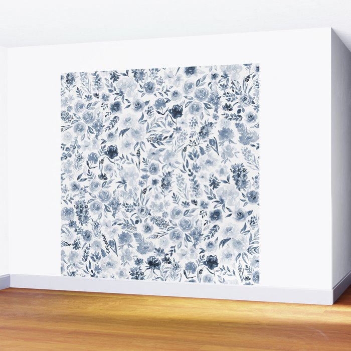 Watercolor florals in blue Wall Mural Gallery Image 2