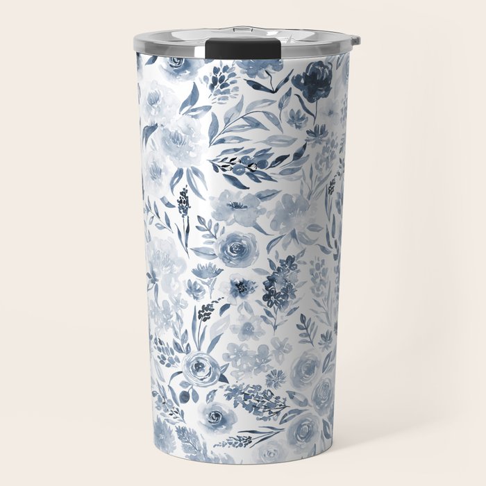 Watercolor florals in blue Travel Mug Gallery Image 1