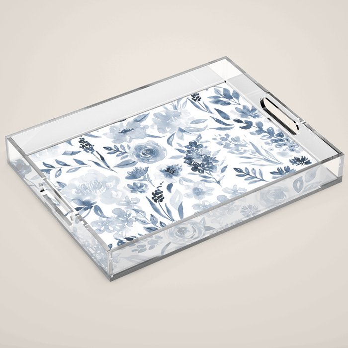 Watercolor florals in blue Acrylic Tray Gallery Image 1