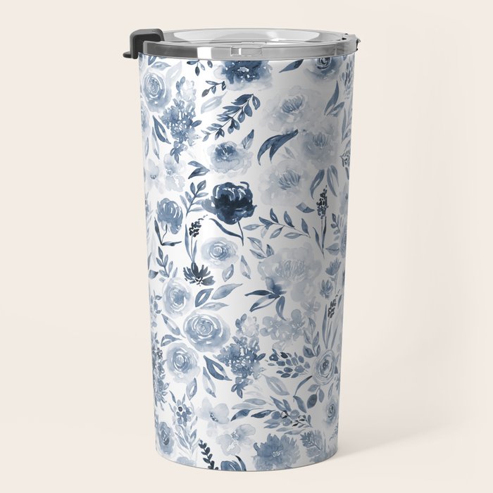 Watercolor florals in blue Travel Mug Gallery Image 3