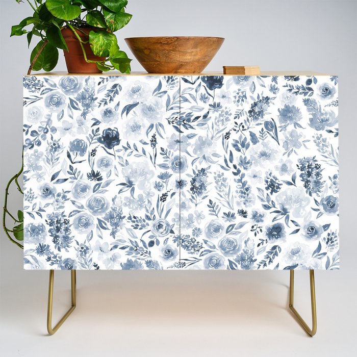Watercolor florals in blue Credenza Gallery Image 1