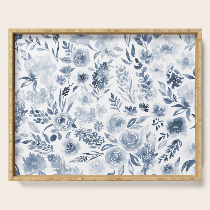 Watercolor florals in blue Serving Tray Gallery Image 1