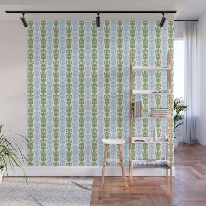 Country Cottage Petite Willoughby Stripe Pattern in Light Blue and Sage Green Wall Mural Gallery Image 1