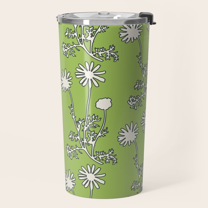 Floral Botanical Wild Daisies Pattern in Spring Sage Green, Navy Blue, and Creamy White Travel Mug Gallery Image 2