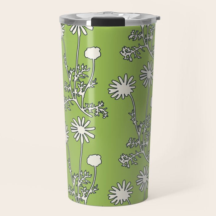 Floral Botanical Wild Daisies Pattern in Spring Sage Green, Navy Blue, and Creamy White Travel Mug Gallery Image 1