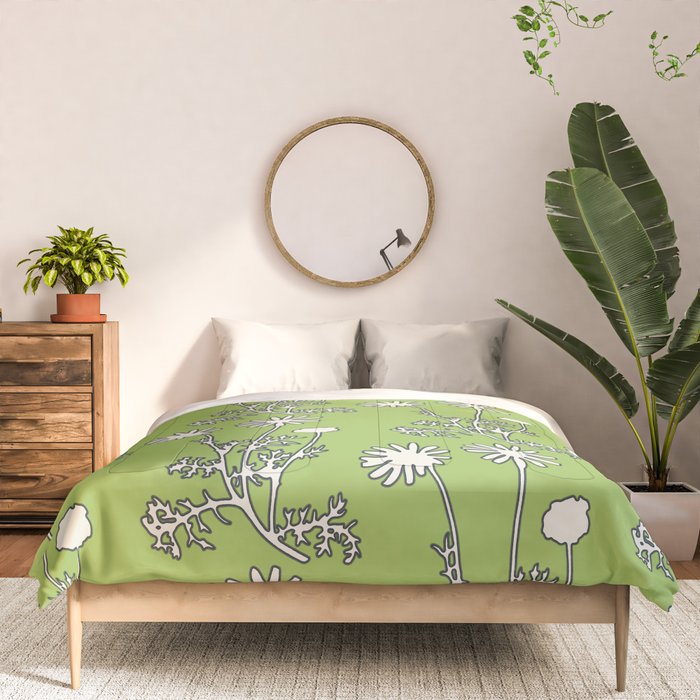 Floral Botanical Wild Daisies Pattern in Spring Sage Green, Navy Blue, and Creamy White Comforter Gallery Image 3